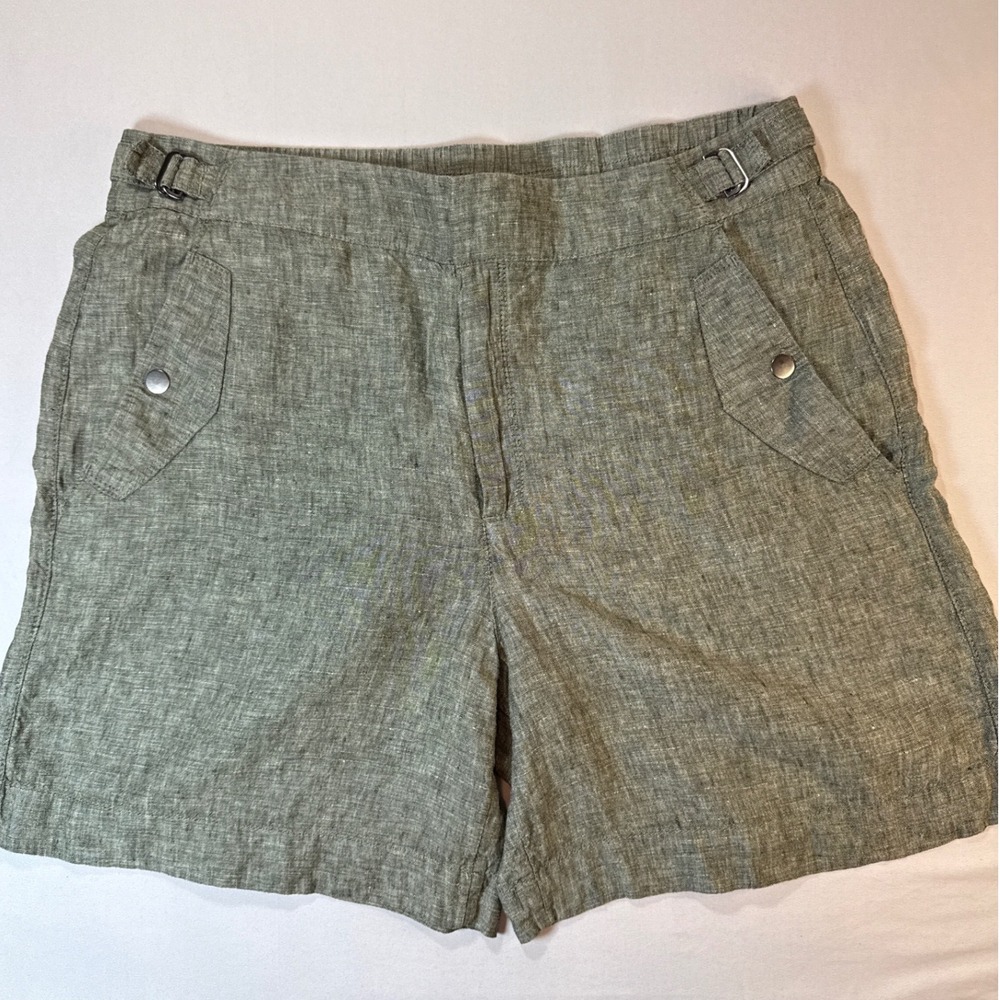 Athleta 100% Linen Shorts Green High Rise Cinch Waist Utility Pockets Womens 14